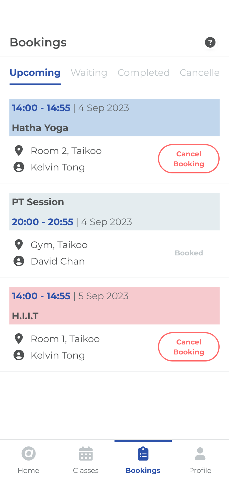 Bookings tab