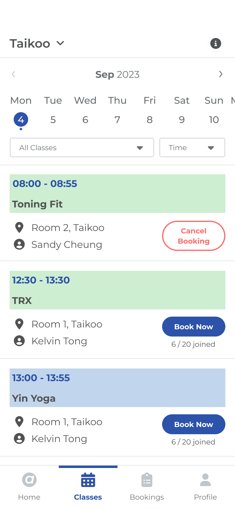 Classes timetable with Book and Cancel actions