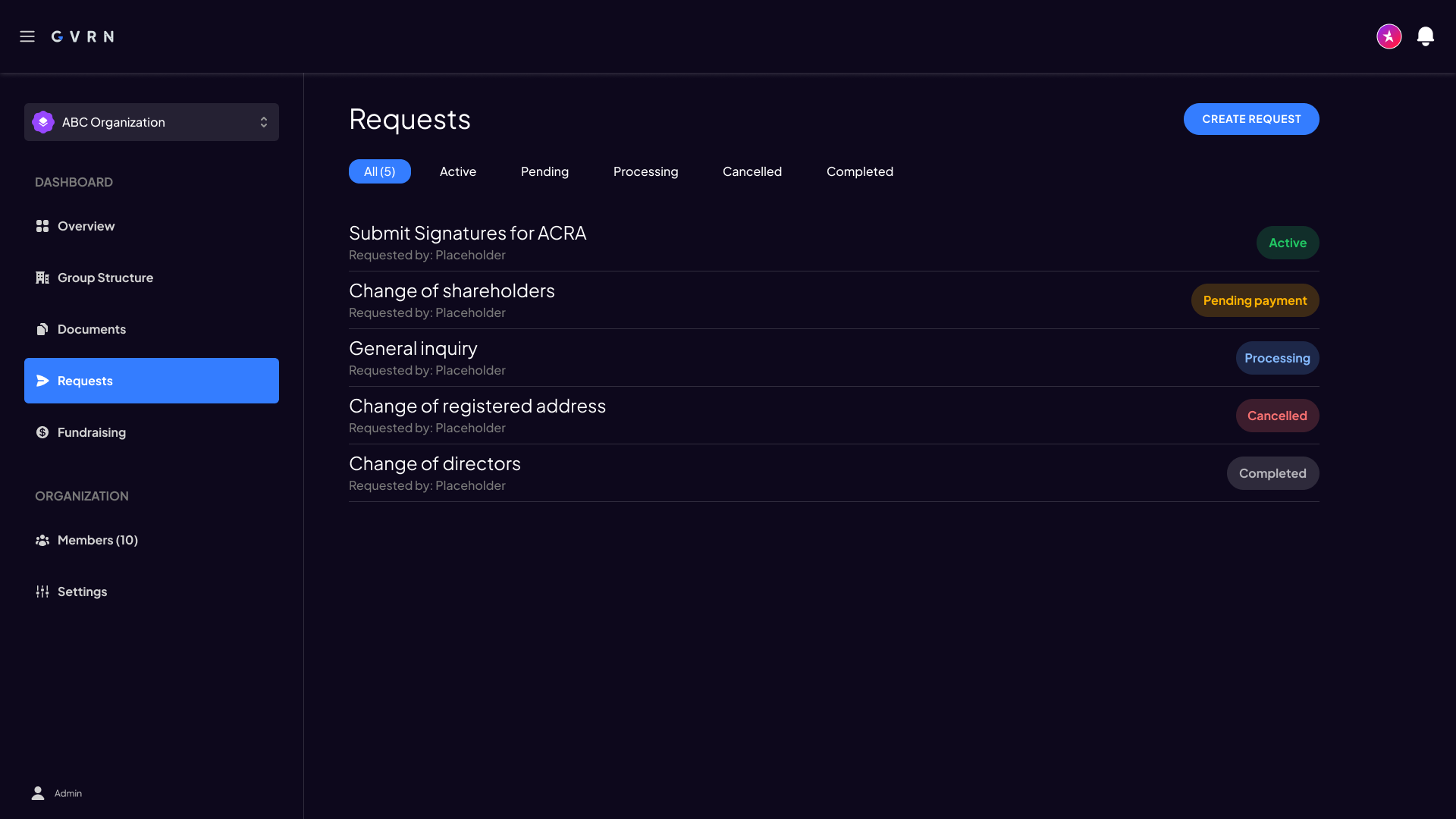 Earlier Requests list layout with status badges