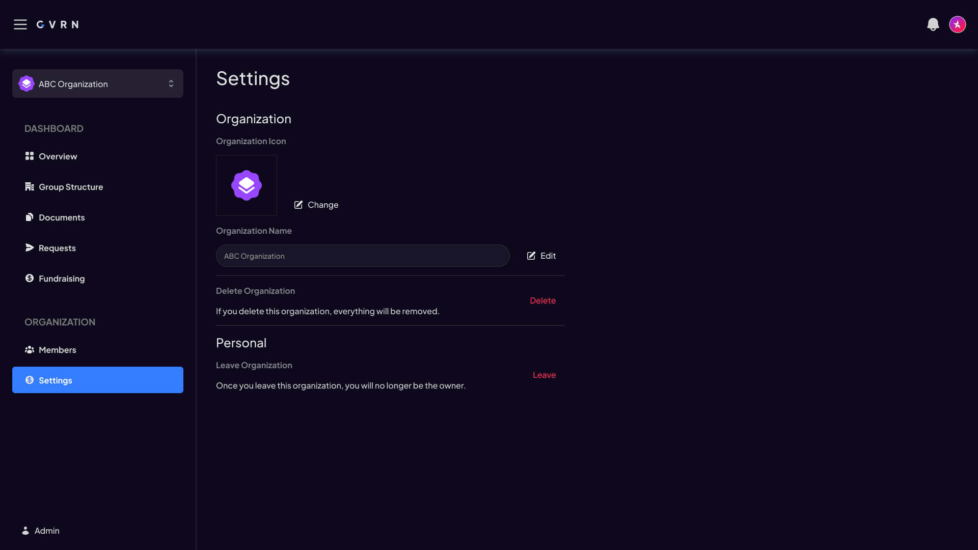 GVRN Settings screen