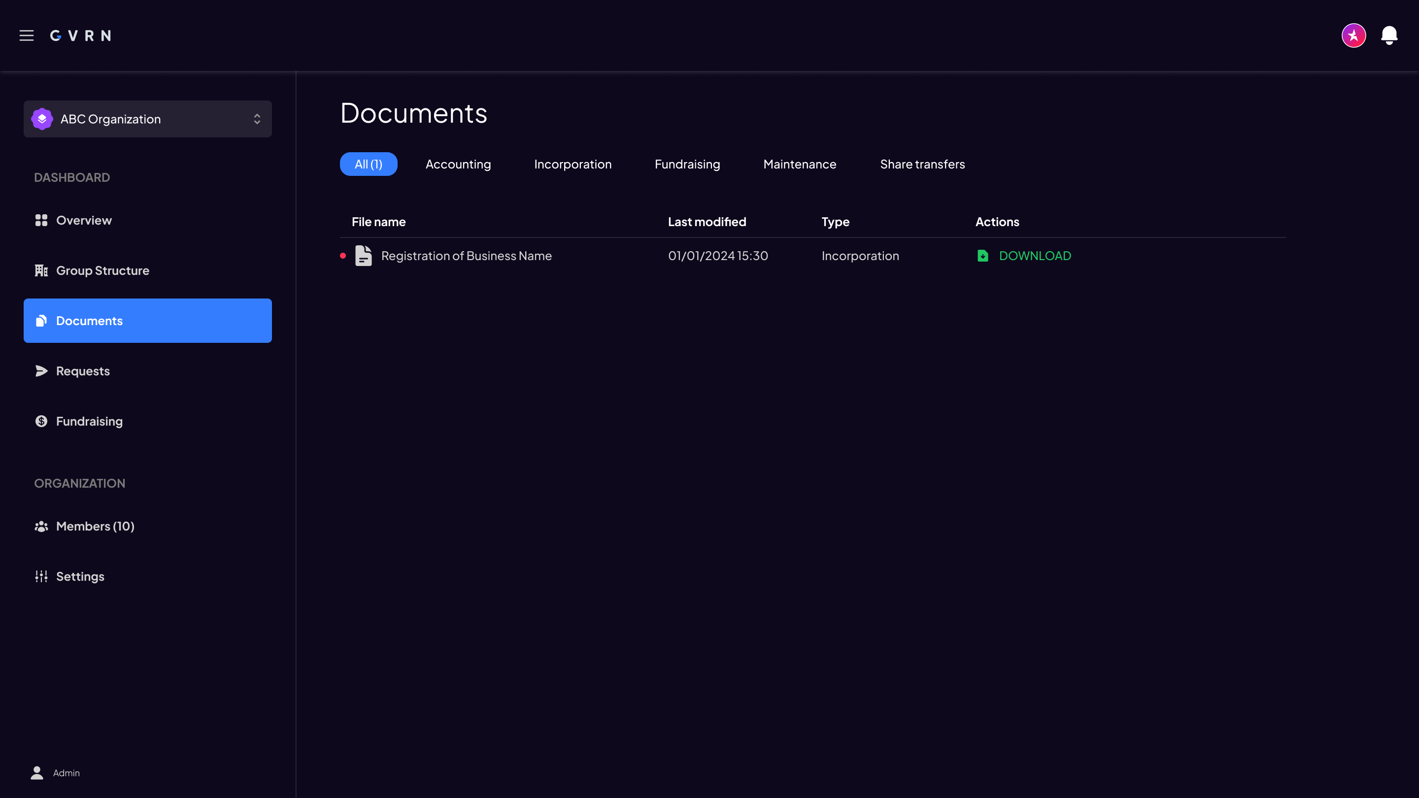 GVRN Documents dashboard from Figma