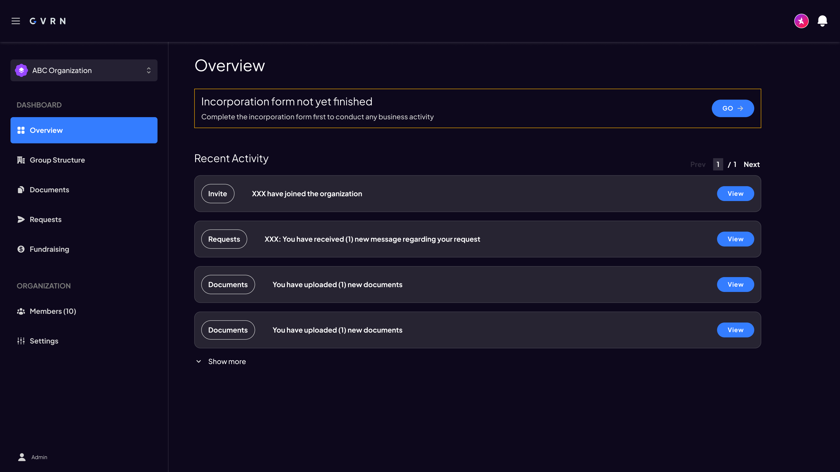 GVRN early dashboard overview with sidebar navigation and incorporation status