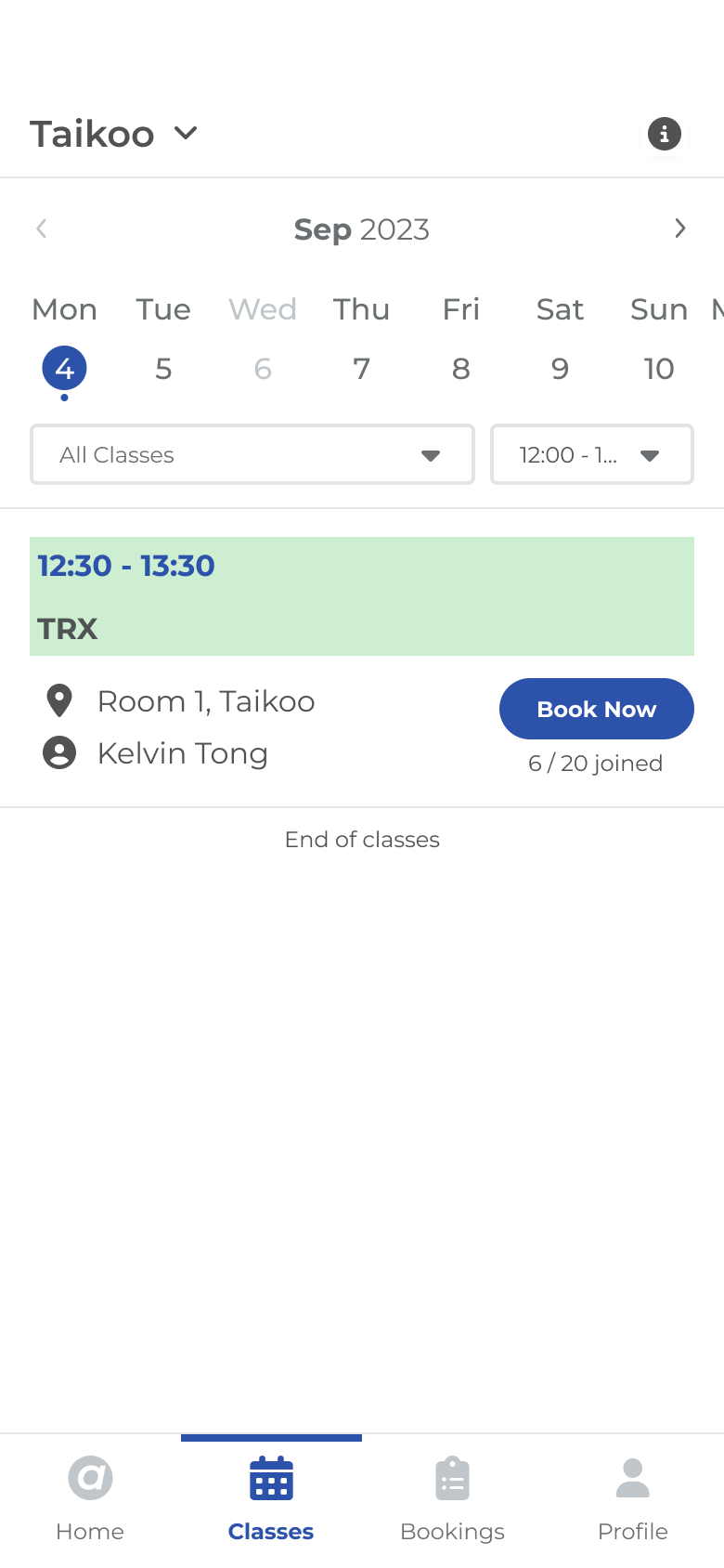 Classes filtered to a time window