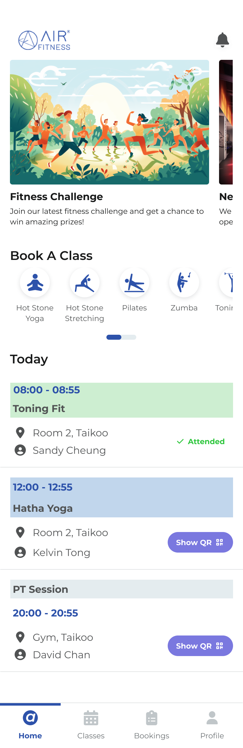 Home — today's classes and shortcuts